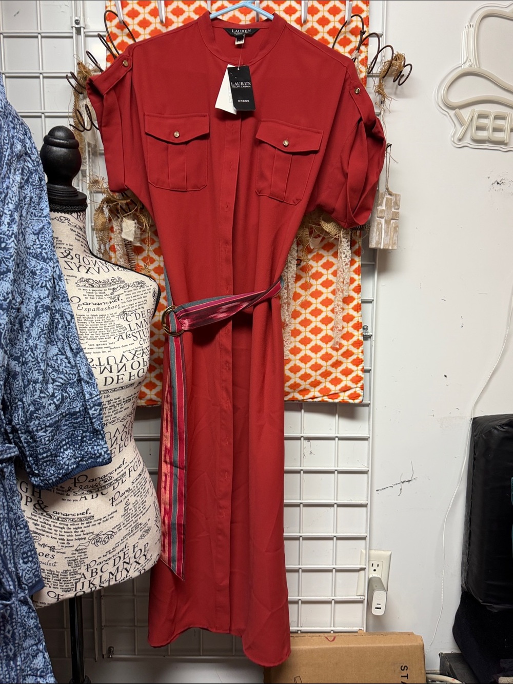 Lauren Ralph Lauren Brick Red Button-Front Midi Shirt Dress with Striped Belt